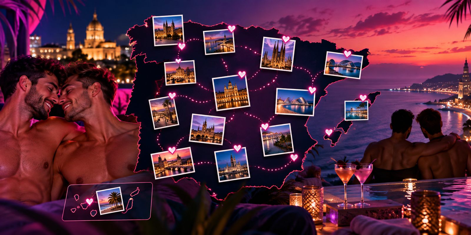 Mapa de España con las principales ciudades iluminadas y parejas lésbico al atardecer