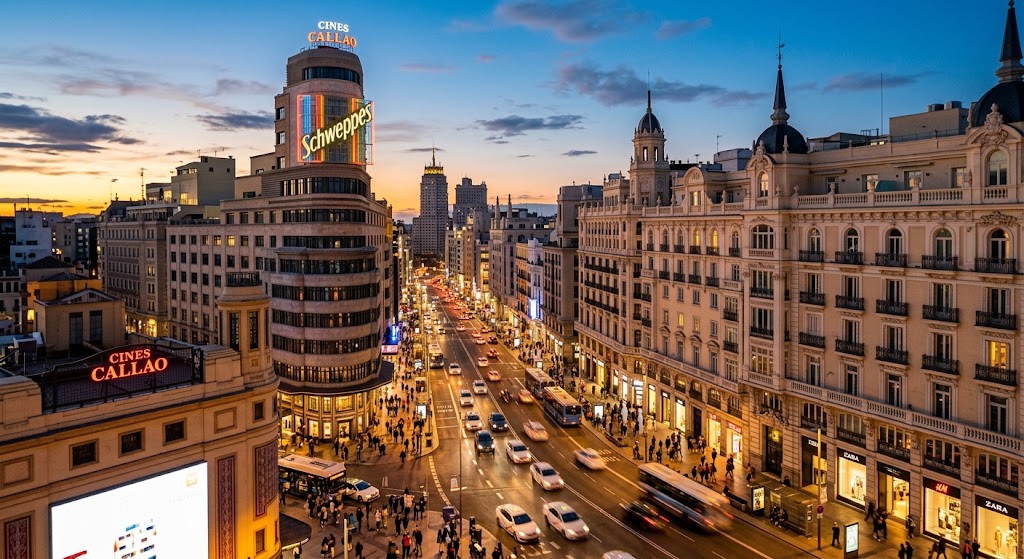 Gran Vía de Madrid al atardecer, junto al barrio de Chueca