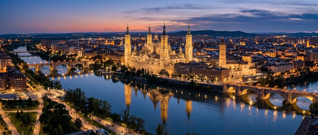 Basílica del Pilar y el río Ebro en Zaragoza al anochecer — citas lesbianas en Zaragoza